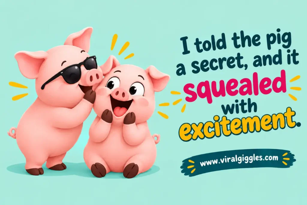 Pigs Puns and Jokes; I told the pig a secret, and it squealed with excitement.
